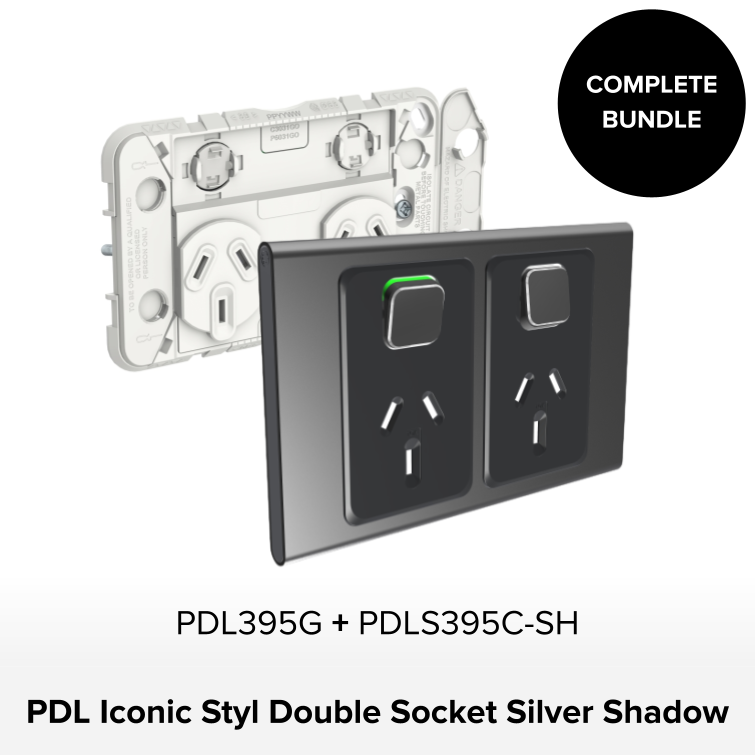 Bundle - PDL Iconic Styl, 2 switch & 2 socket, Horizontal, 10 A + Skin - Silver Shadow